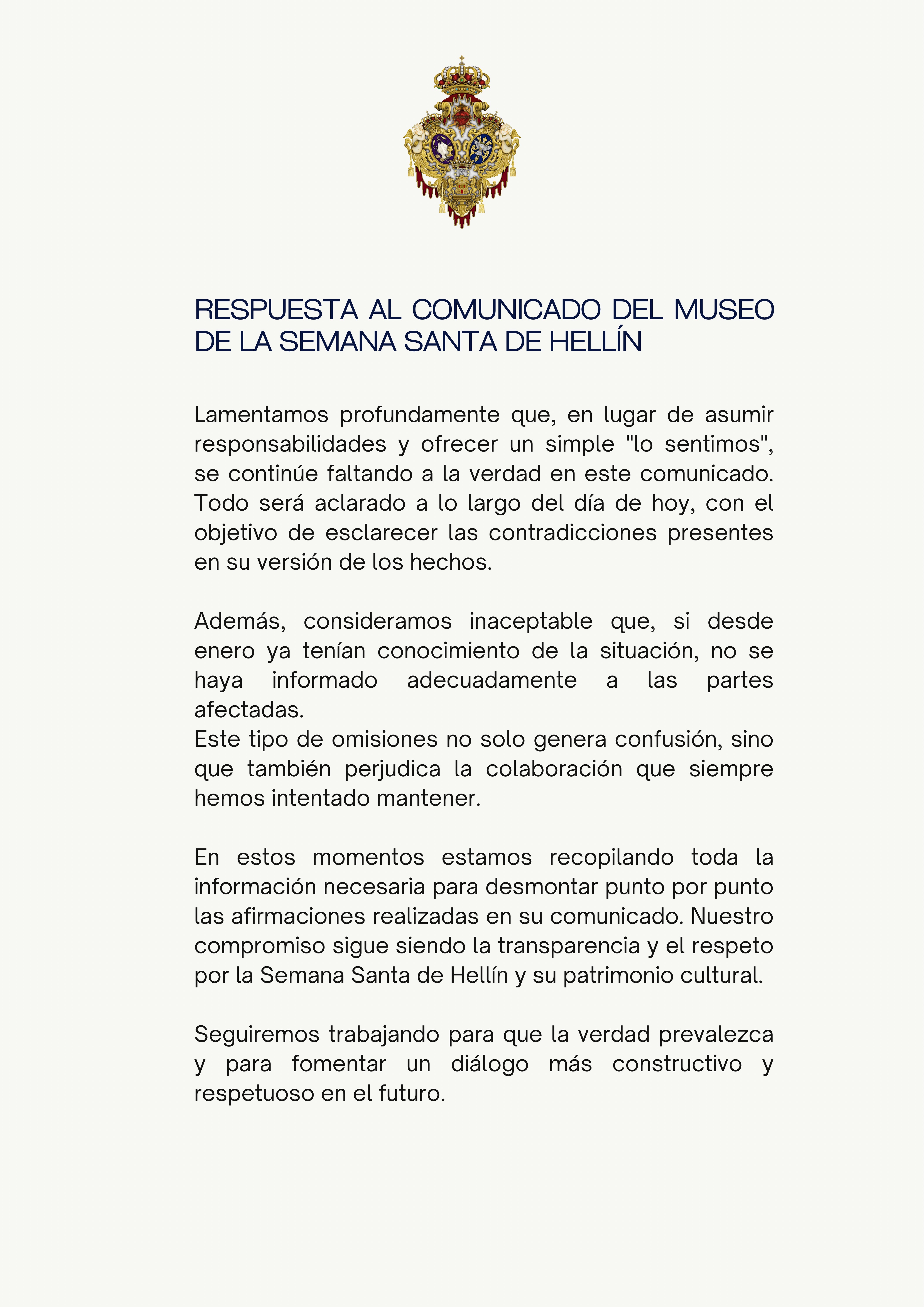 Respuesta al comunicado del Museo de la Semana Santa de Hellín